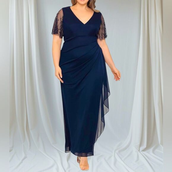 Xscape Women’s Beaded Maxi Dress Elegant Navy Blue Evening Gown Plus Size 14W - Picture 1 of 8